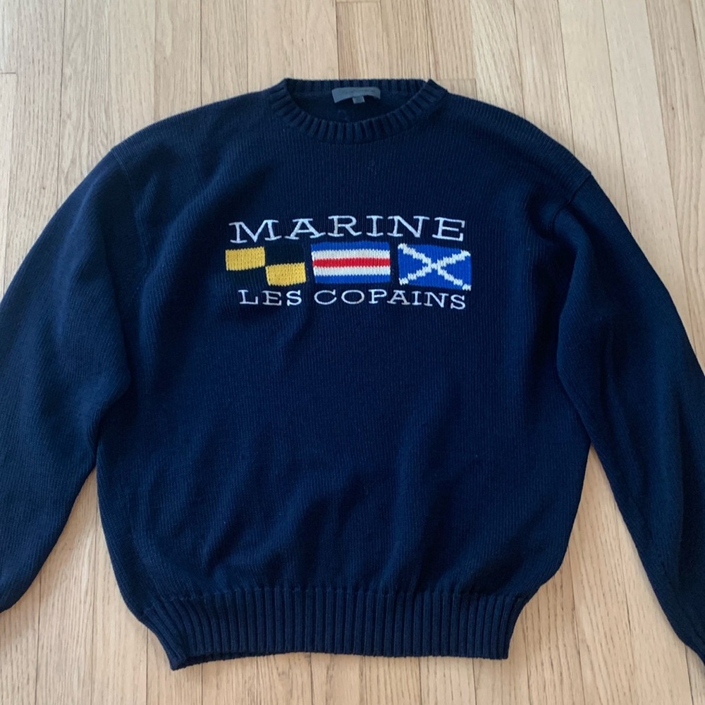 Les Copains Crew Neck Sweater With Embroidered Flags Nautical Preppy Italy